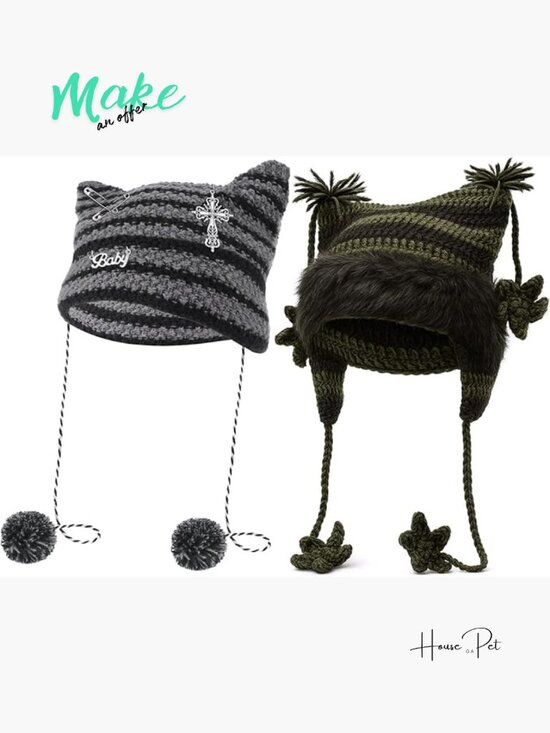 Crochet Cat Ear Beanie, Striped Knit Hat, Lightweight Winter Accessory main image 6